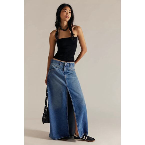 WE THE FREE Come as You Are Dark Indigo Front Slit Frayed Maxi Jean Skirt Sz 10 - Picture 1 of 9